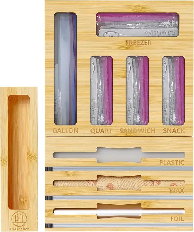 DALSHABET 9-in-1 Bamboo Kitchen Drawer Organizer for Storage Bags and Wrap