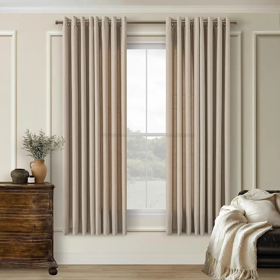 Taupe 63 Inch Long Linen Semi Sheer Grommet Curtain for Dining Room