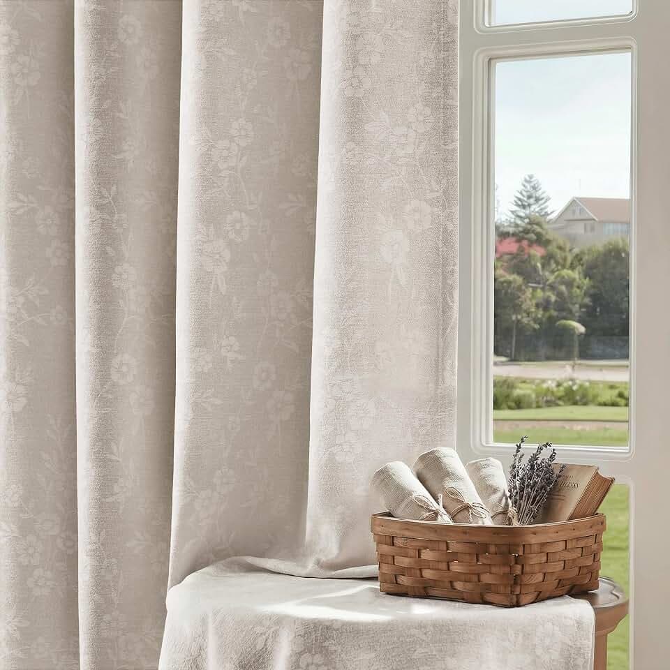 Beauoop Cream Floral Jacquard Blackout Curtains for Bedroom 52x96 2 Panels