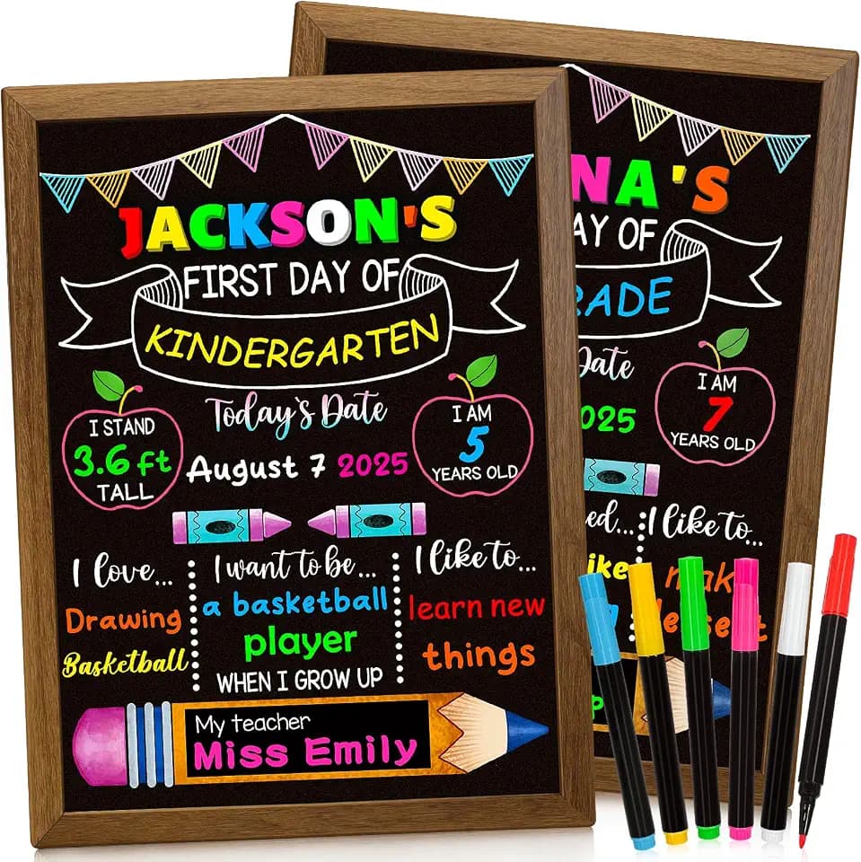 Double-Sided First Day and Last Day of School Board Sign with 6 Colorful Markers, 14x12 Inch Reusable Chalkboard, First & Last Day Photo Prop for Kindergarten Preschool Elementary Kids
