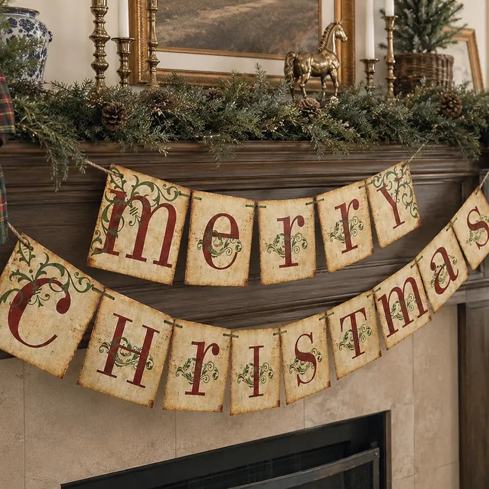 Christmas Decorations - Vintage Merry Christmas Banner for Home Decor