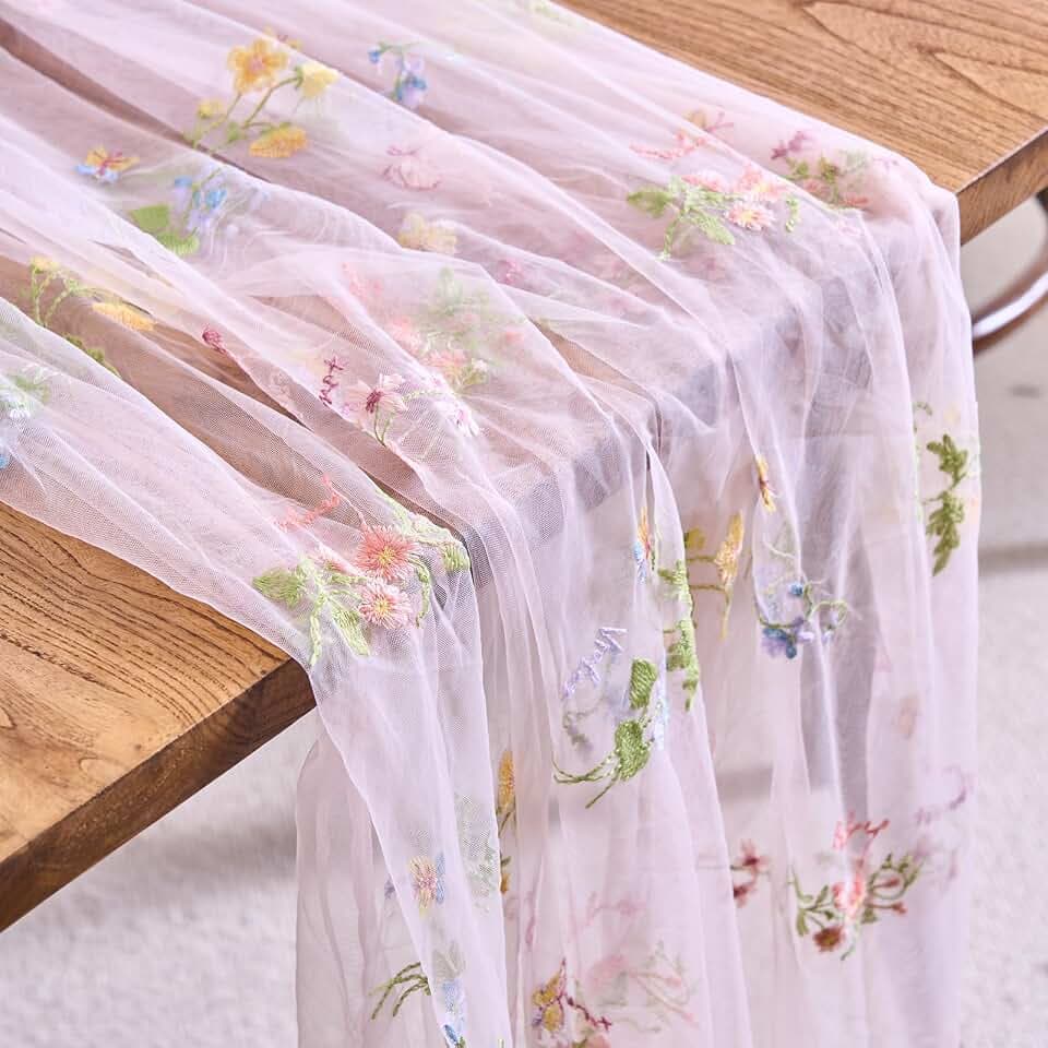 vctops 2 Packs Embroidery Lace Fall Table Runner 10ft Floral Garden Seasonal Tulle Table Runner Holiday Kitchen Dining Table Decoration for Wedding Party Baby Shower Birthday (Pink,30"x120")