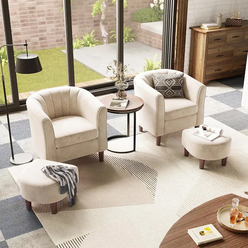 LINSY Accent Chair Set of 2, Velvet Barrel Chair with Ottoman, Modern Comfy Small Armchair for Small Spaces Reading Room Living Room Bedroom Kids Room Office, Beige
