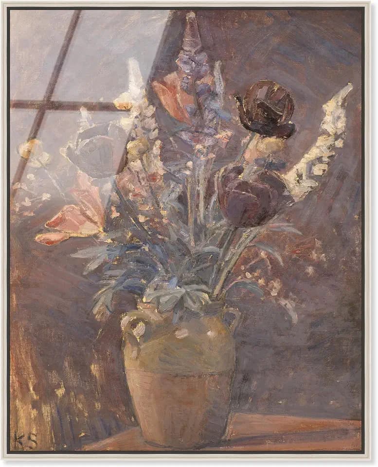 Clay vase with tulips other flowers Framed High-Gloss Acrylic Glass Wall Art Floral by Art Remedy, Silver Frame, 16 x 20