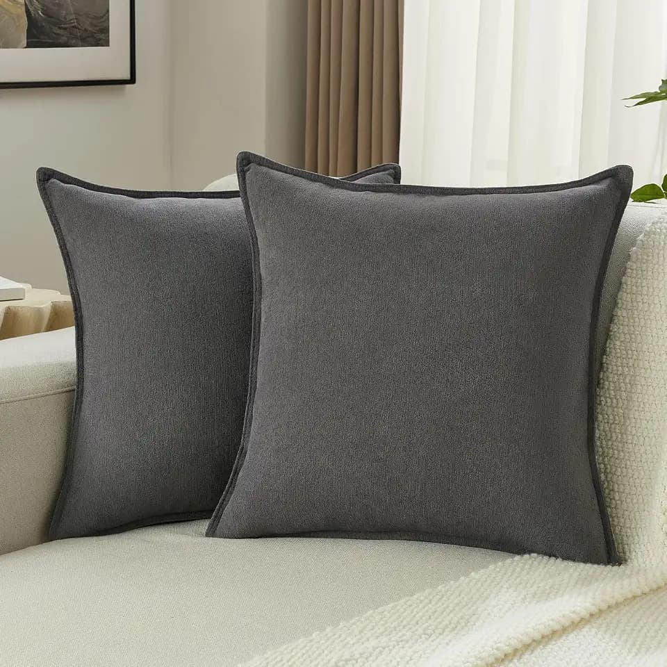 FUTEI Pack of 2 Chenille Throw Pillow Covers 18x18 Inch, Dark Grey