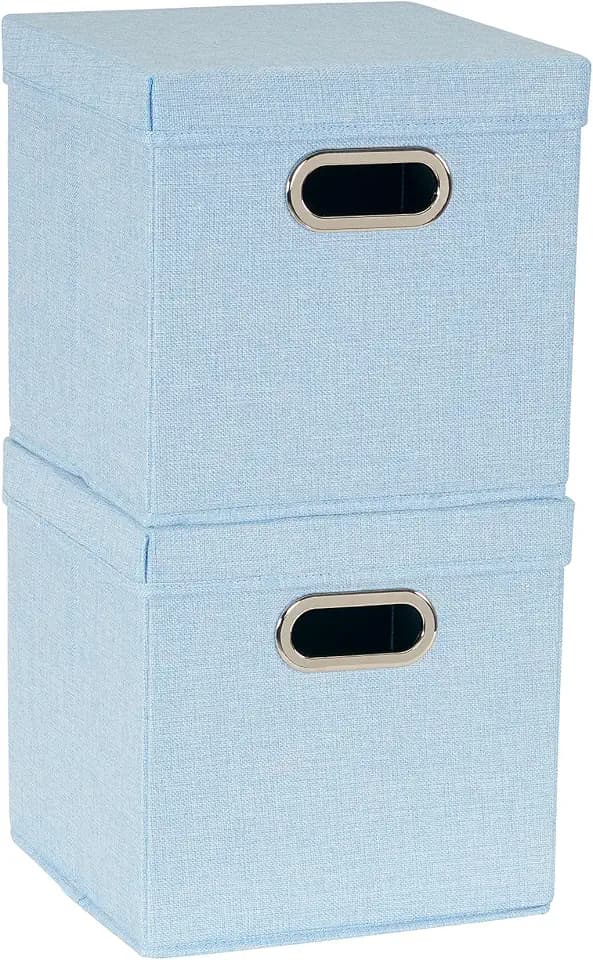 Household Essentials 816-1 Café Cube Bin Storage Set with Lids and Handles | 2 Pack, Baby Blue Linen