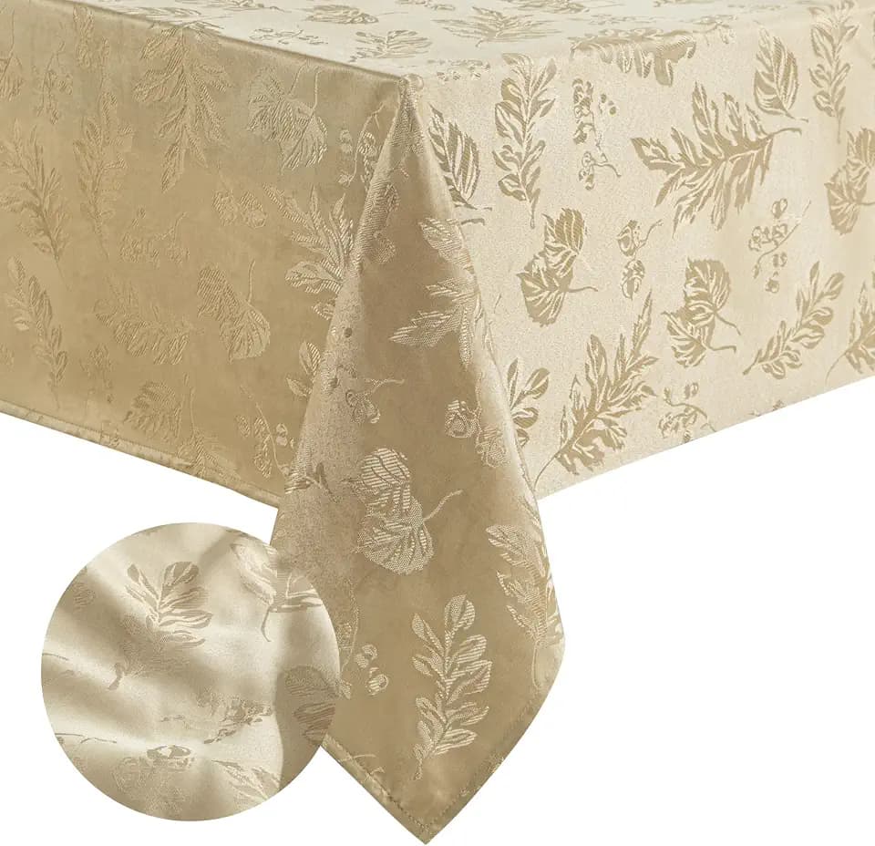 Elegant Woven Leaves Jacquard Damask Tablecloth, Taupe - 60" W x 120" L