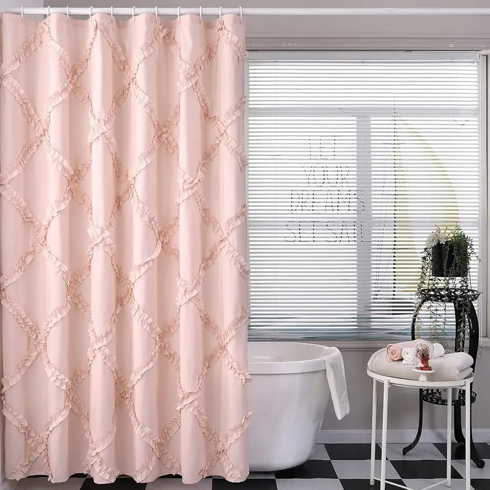 Blush Ruffle Diamond Fabric Shower Curtain for Bathroom | Farmhouse Rustic Style 72’’x72’’