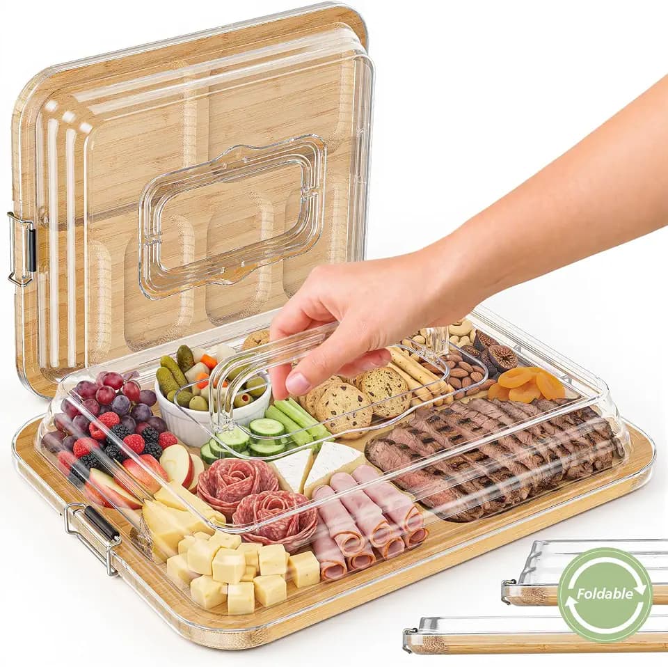 Charcuterie Boards with Foldable Lid, Portable Cheese Board Snack Tray