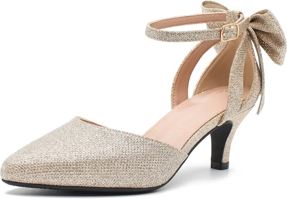 fereshte Women's Kitten Heel Pumps with Bow, Ankle Strap, Pointed Toe, Wedding Evening Dress Shoes