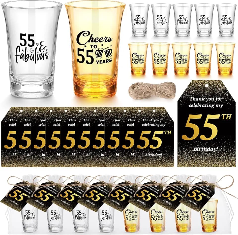 50 Sets Birthday Party Favors for Guests Souvenir Short Glasses Acrylic Clear Shot Glasses Thank You Tags with Organza Bags Twine for Anniversary Wedding Shower(Cheers to 55 Years)
