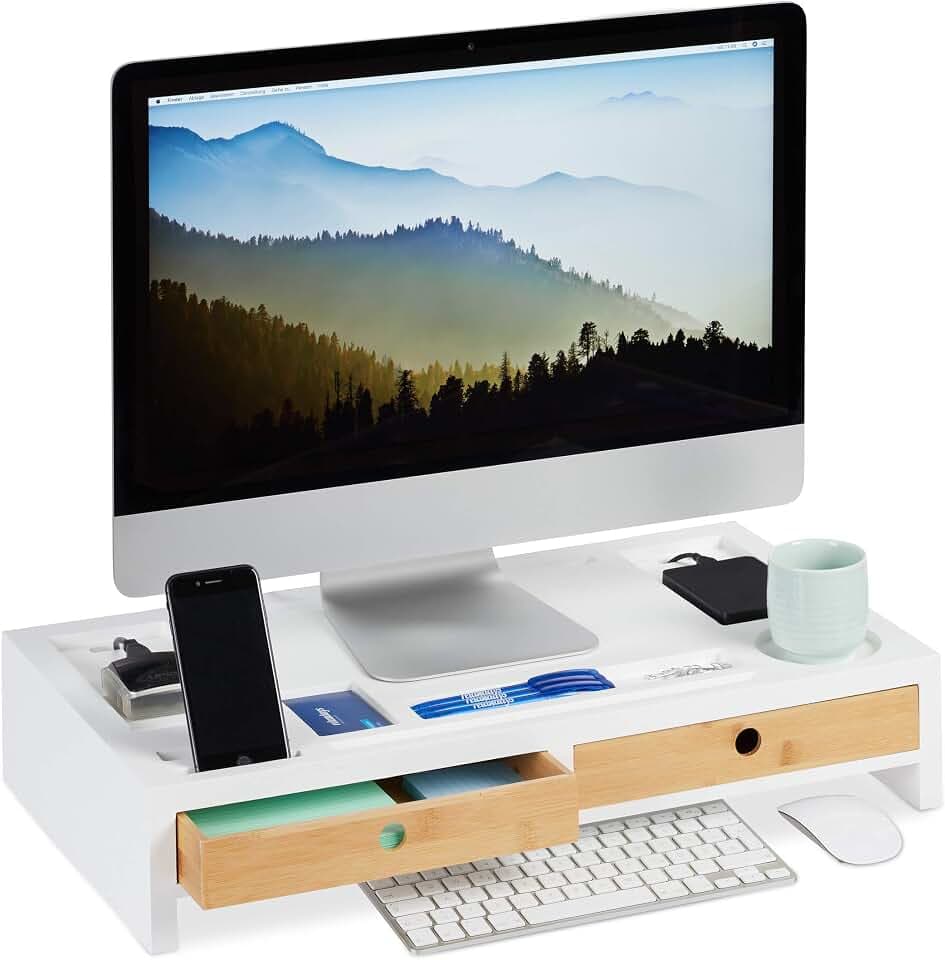 Relaxdays Monitorständer, XL Bildschirmerhöhung aus Bambus & MDF, weiß