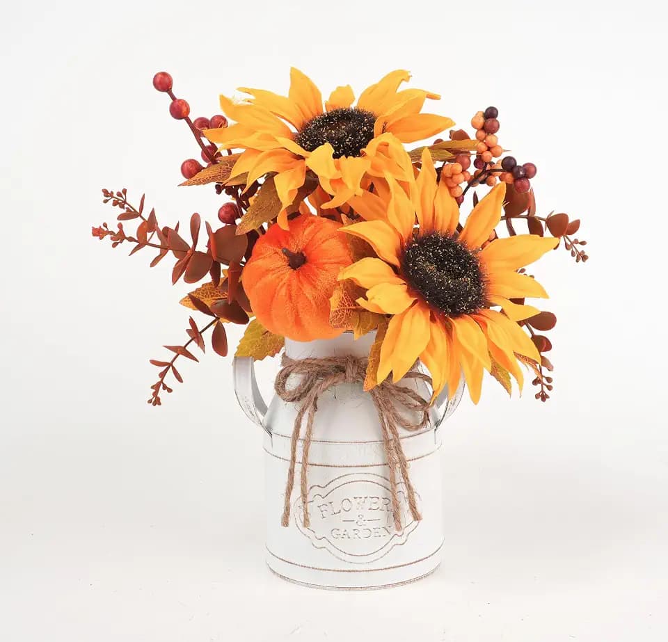 Fall Thanksgiving Centerpieces for Dinner Tables, Faux Floral Metal Potted Plants with Maple Leaf Pumpkin Berry Stems, for Indoor Kitchen Home Autumn Farmhouse Mantel Decor