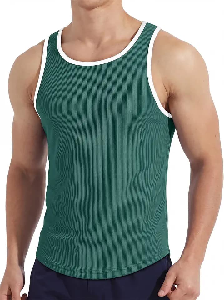 Men's Ribbed Racerback Tank Top Stretchy Color Block Trim Slim Fit Sleeveless Shirt Workout