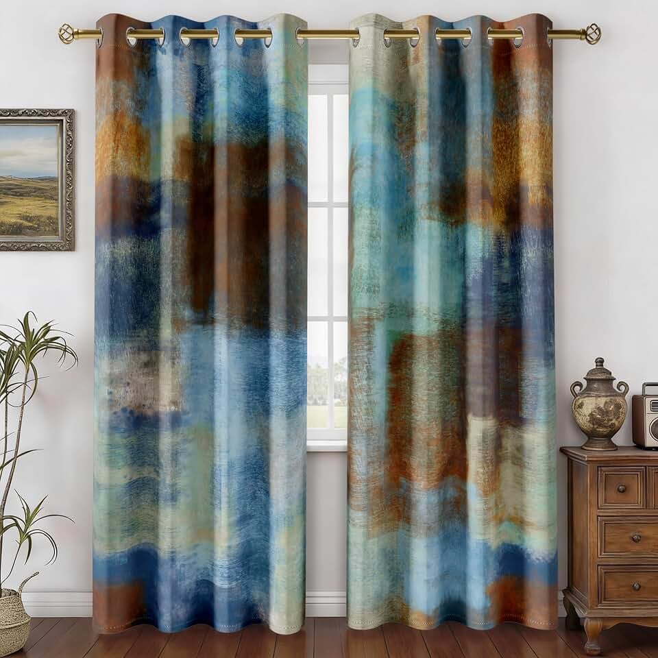 Blue Rust Abstract Curtains for Living Room Bedroom, 52W x 63L, 2 Panels