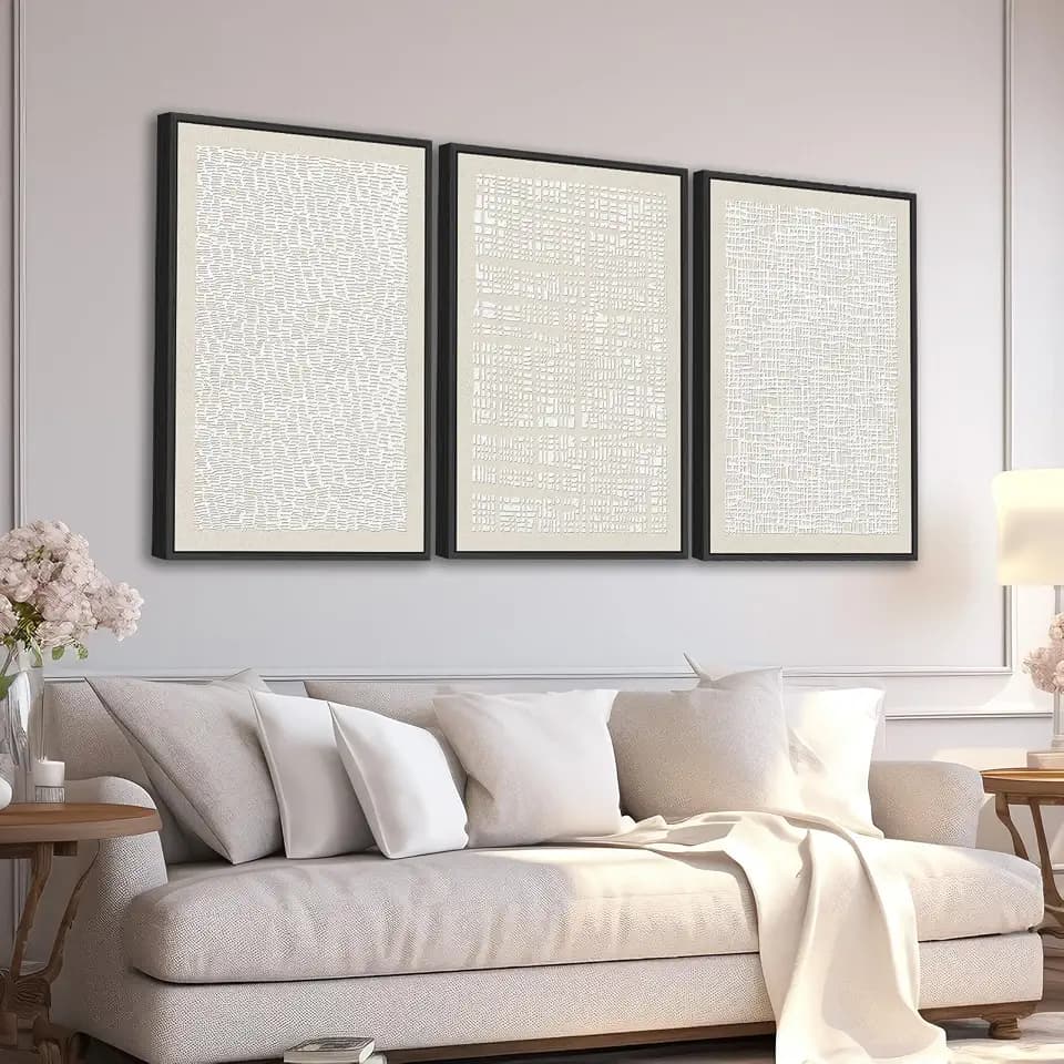 Large Framed Abstract Wall Art, Neutral Beige White Deocr, 16"x24"x3