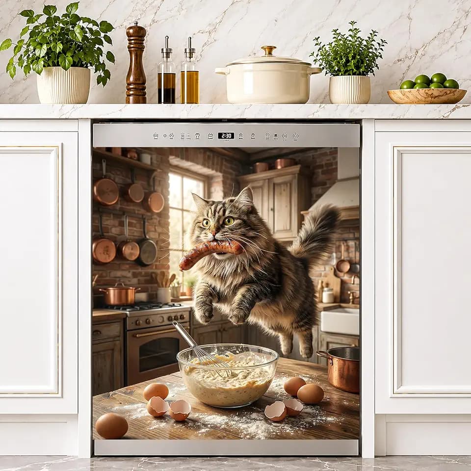 Cute Cat Kitchen Dishwasher Magnet Cover, 23 x 25.6 in Magnetic Dishwasher Door Cover, Decorative Dishwasher Panel Cover for Cute Cat Kitchen Decor, Removable Appliance Magnet
