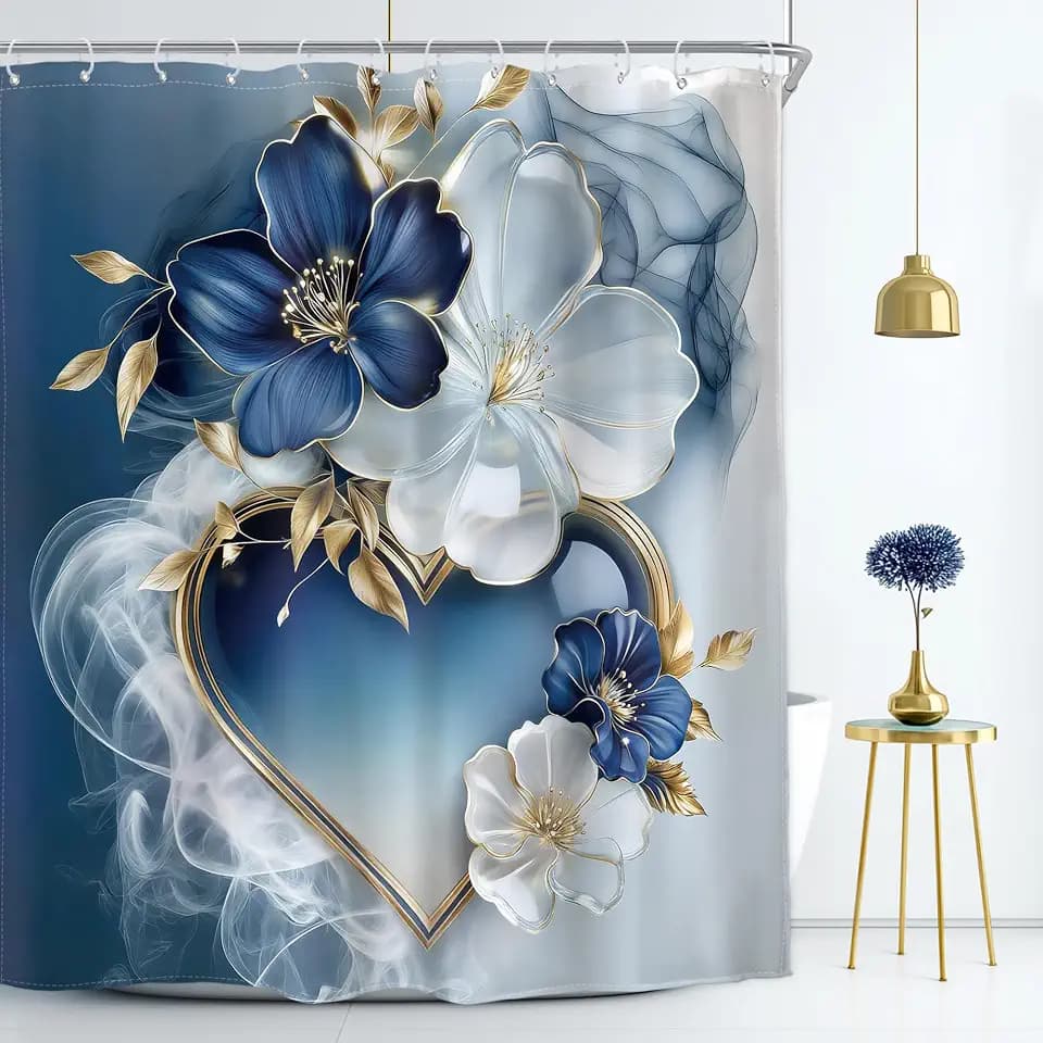 Blue Floral Shower Curtain White Gold Abstract 60Wx72H Inch Decor