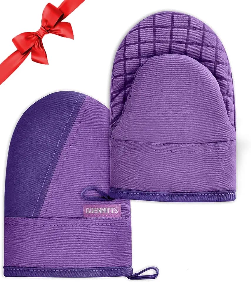 Mini Oven Mitts, Kitchen Oven Gloves Kitchen Mittens 500 Degrees Heat Resistant Baking Gloves, Non-Slip Silicone Surface with Hanging Loops Hot Gloves for Cooking, Baking, BBQ 1 Pair-Purple