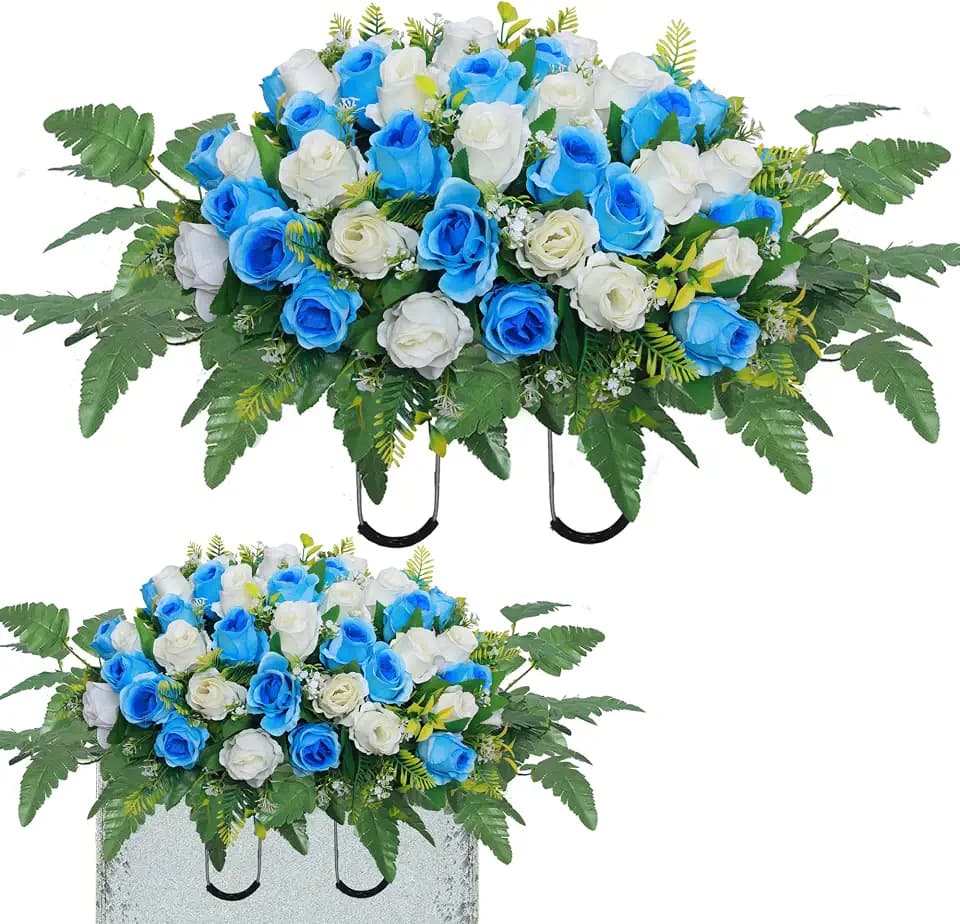 Lodou Artificial Cemetery Flower Saddles, Rose Headstone Flower Saddle Outdoor Grave Decorations,Cemetery Memorial Flowers with Vase for Grave Tombstone Decorations (Blue with White, Saddle)