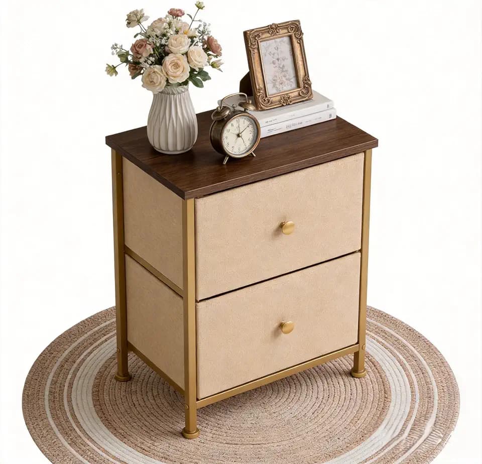 Simple Deluxe Nightstand 2 Drawers Dresser for Bedroom, 3-Tier Bedside Table with Fabric Bins, End Table for Living Room, Wood Top Load-Bearing up to 44 lb, Khaki
