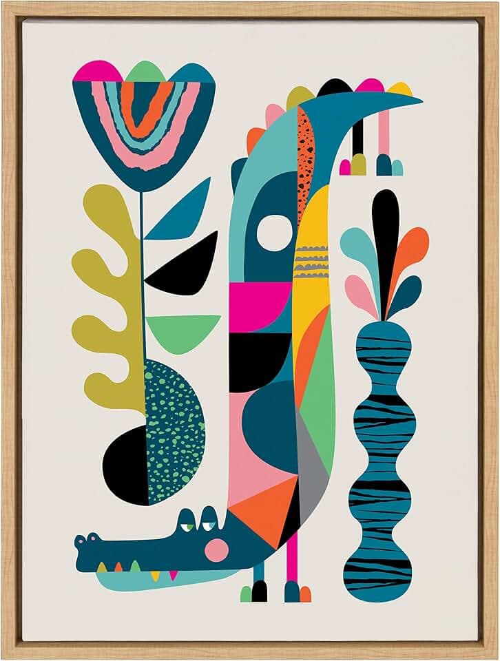 Kate and Laurel Sylvie Mid-Century Crocodile Framed Canvas Wall Art by Rachel Lee of My Dream Wall, 18x24 Natural, Chic Mid-Century Animal Art for Wall