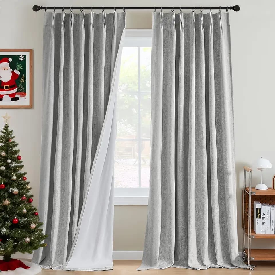 H.VERSAILTEX Pinch Pleated Full Blackout Curtains Linen Blended Chenille Blackout Curtains 84 inch Length 2 Panels Set Thermal Insulated Farmhouse Neutral Track Drapes with Hooks, Heather Glacier Gray