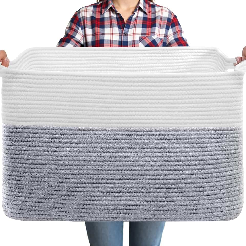 75L Large Blanket Storage Basket with Handles - White & Gray