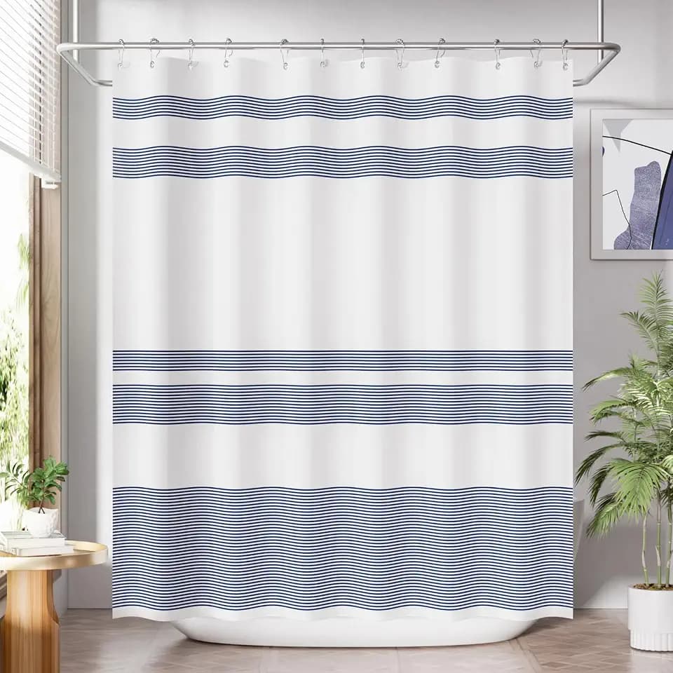 AmazerBath Navy Blue Shower Curtain, Blue and White Striped Bathroom Shower Curtain with 12 Shower Curtain Hooks, Rustic Fabric Blue and White, 72x72 Inches