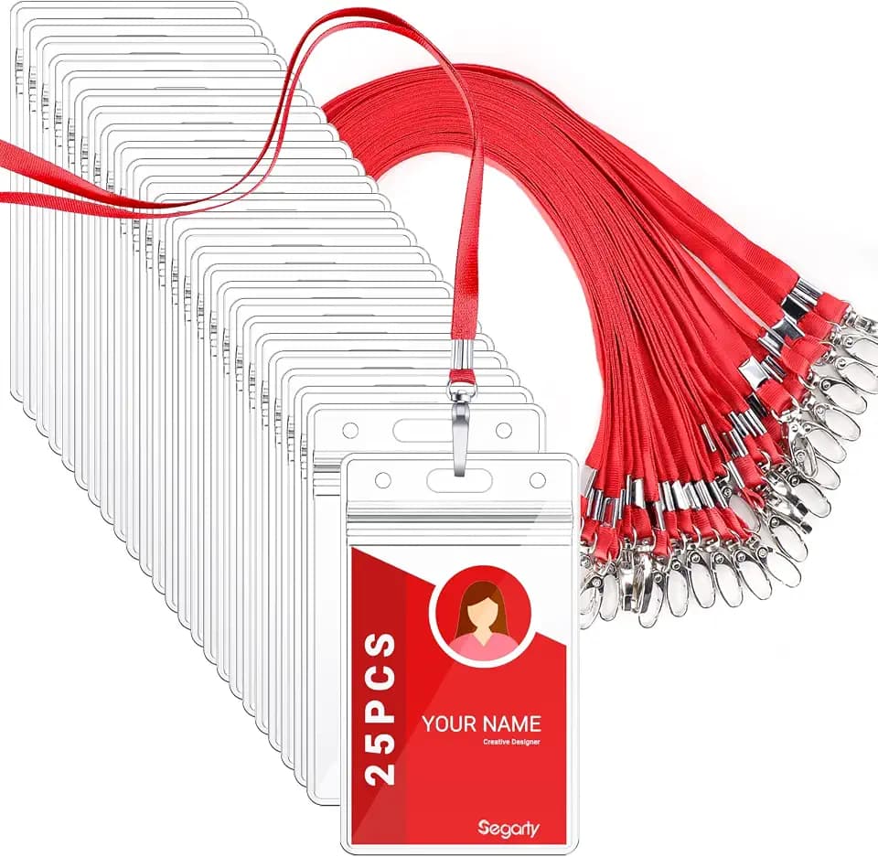 Segarty Lanyards with ID Holder, 25 Pack Vertical Badge Clear Plastic Name Tags Neck Key Card Bulk, Red Strap Clips Waterproof Ziplock Nametag Protector for Women, Business, Student, School,Office