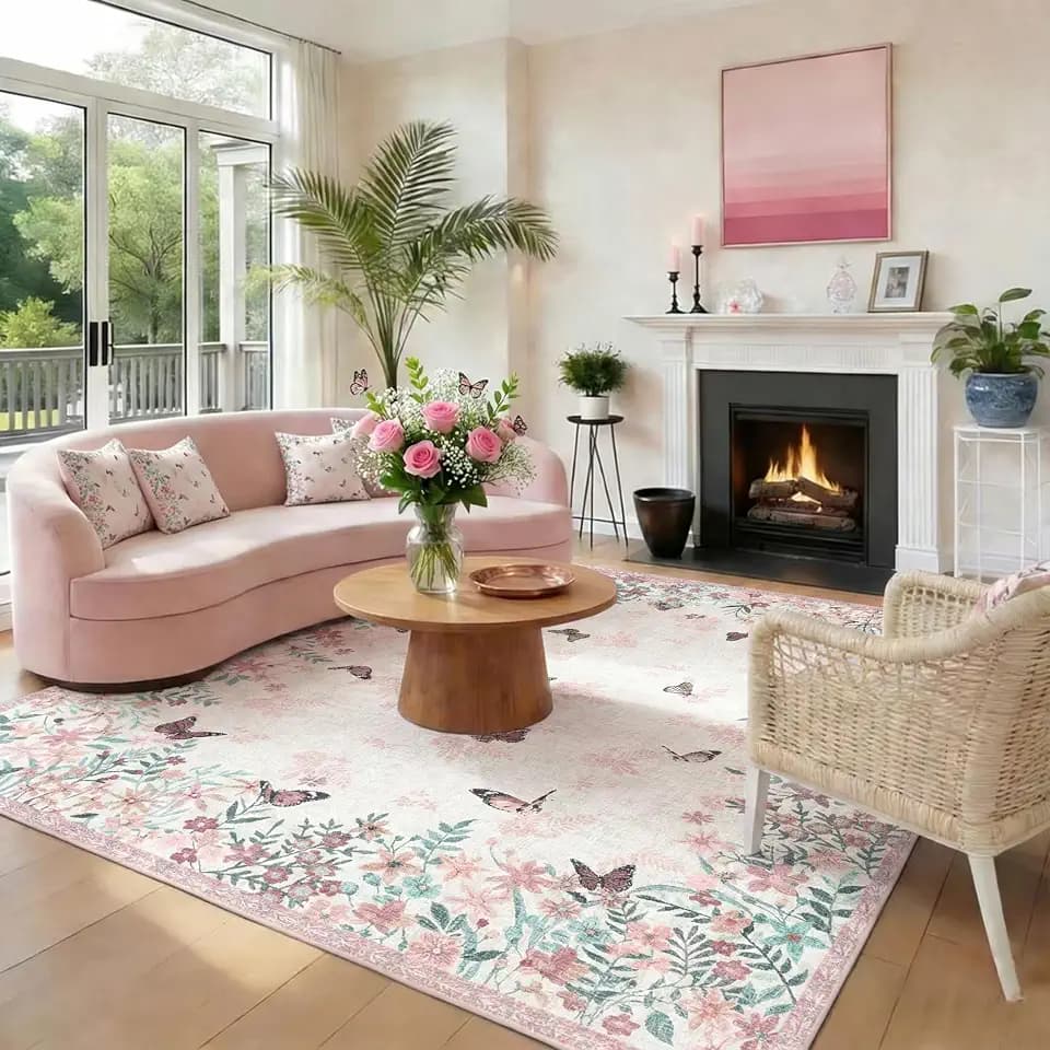 Large Living Room Rug, Floral 10x12 Machine Washable Area Rugs Pink