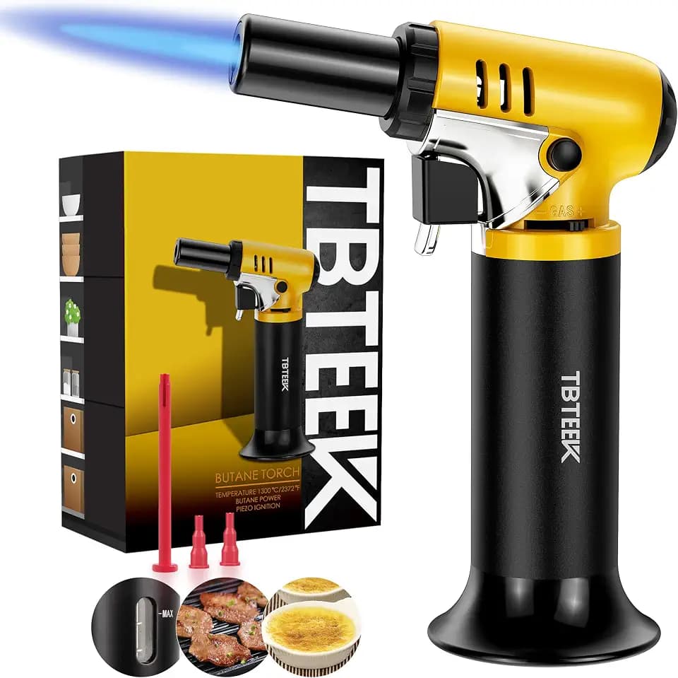 TBTeek Butane Torch with Fuel Gauge T907, One-hand Operation Kitchen Torch Lighter with Adjustable Flame for BBQ, Baking, Brulee Creme, Crafts and Soldering(Butane Gas Not Included)