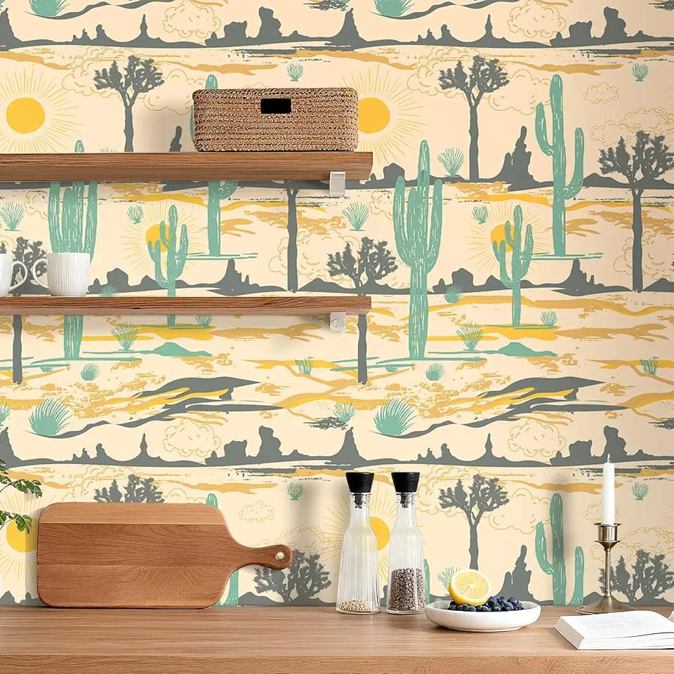 Desert Cactus Contact Paper Renter Friendly Boho Vintage Western Earth Yellow Peel and Stick Desert Wallpaper 17.5"x10ft for Cabinets Drawers Dresser Waterproof Removable Vinyl Decorative Film Yenhome