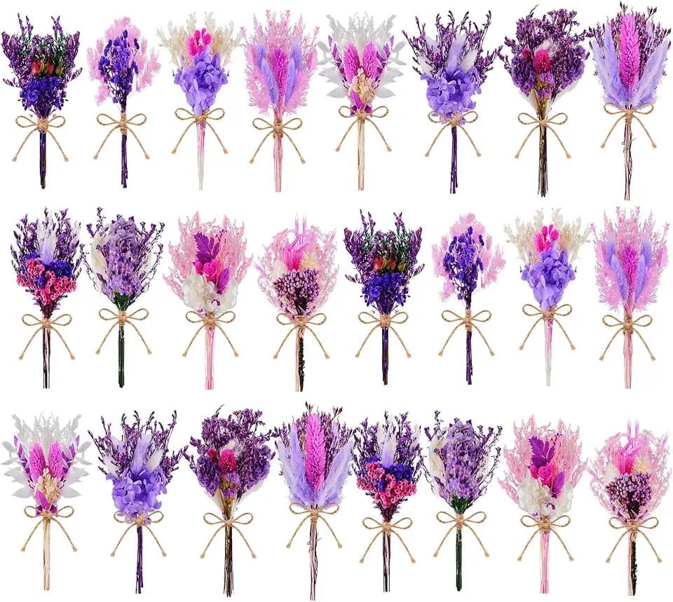 12/24 PCS Charming Dried Flowers Bouquet for Vase Various Dried Wildflowers with Stems Mini Handmade Wildflowers Natural Real Flowers Bulk Flowers Craft (Purple Series, 24 PCS)