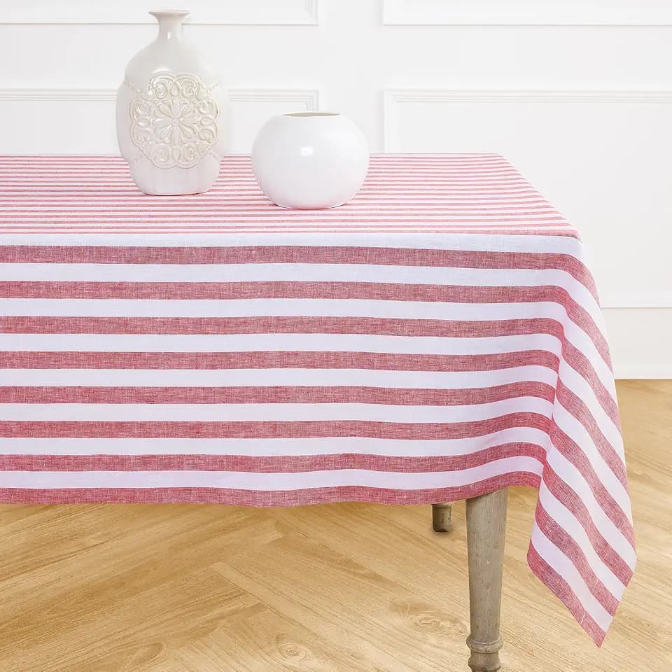 Solino Home 100% Pure Linen Tablecloth, 60 x 108 in, Red and White Striped