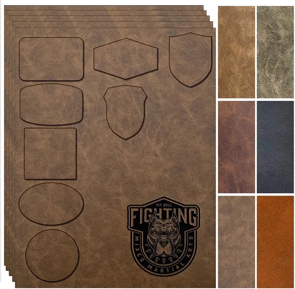 Laserable Leatherette Sheets with Heat Press Adhesive Backing Iron On Hat,Blank Faux Leather Patches for Laser Engraving,Engravable/Engraver Leather Material/Accessories(Rustic Brown-5 Large Pieces)