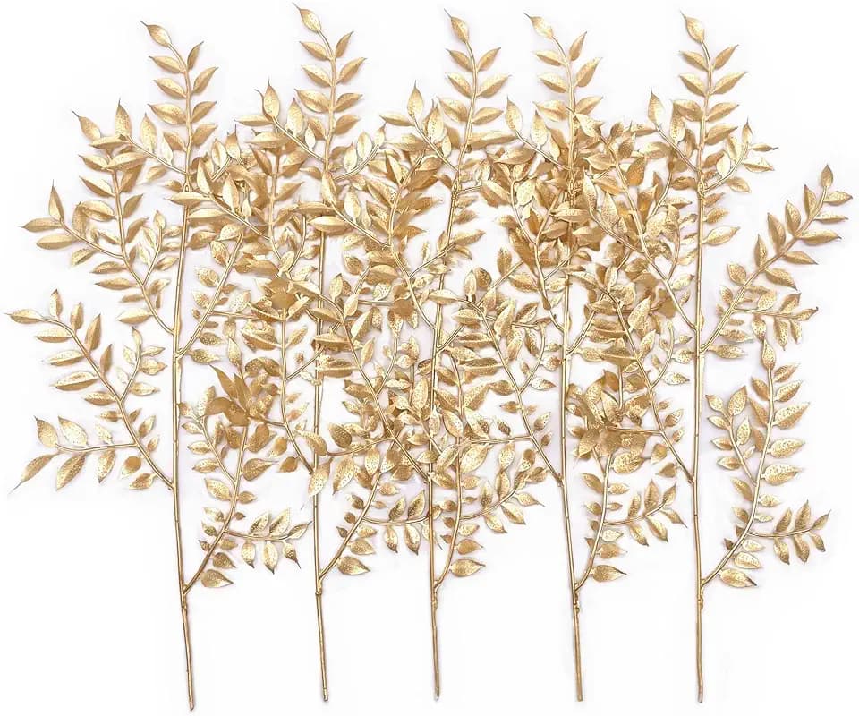PASYOU Fake Leaves Plants for Christmas Decor, Gold Artificial Shrubs Grass Foliage Plastic Bulk Leaf Indoor Outdoor Home Garden Party Hotel Verandah Wedding Event Faux DIY Decoration - Golden 5 Pack