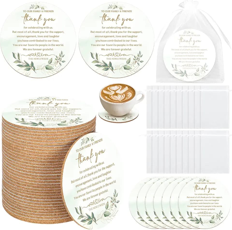 Hushee 200 Pcs Bulk Wedding Thank You Gifts Eucalyptus Cork Coasters