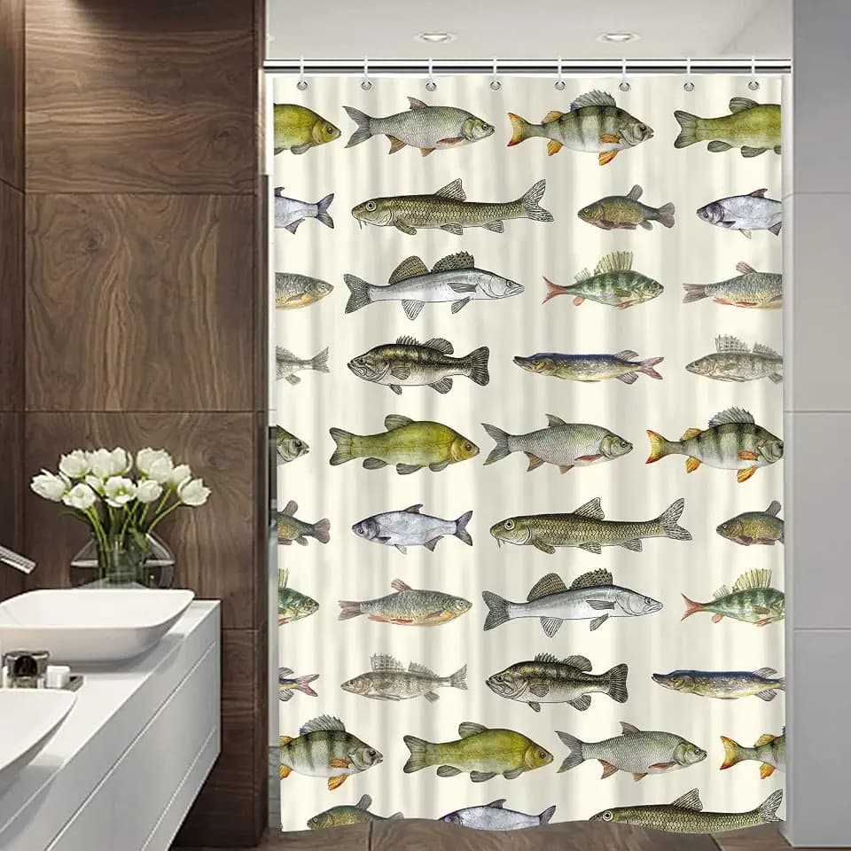 Sanzugh Rustic Cabin Fishing Camper RV Shower Curtain for Travel Trailer Bathroom, Country Lake Camping Small Shorter Fabric Shower Curtains Set, Happy Camp Decor Accessories with Hooks 47X64 inch