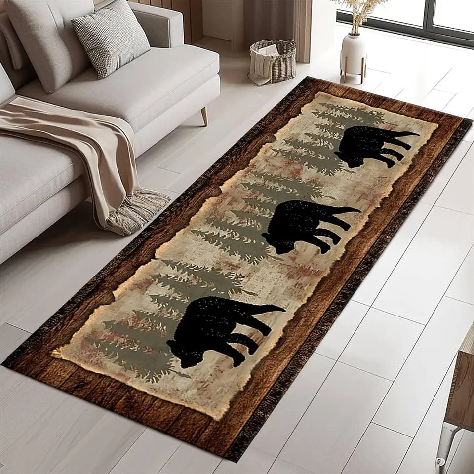 Rustic Bear Runner Rug Vintage Cabin Themed Long Rug with Printed Southwest Wildlife Brown Bear and Trees Brown Country Barn Wooden Deco Carpets for Hallway Porch Entrance Bedside, 2x7ft