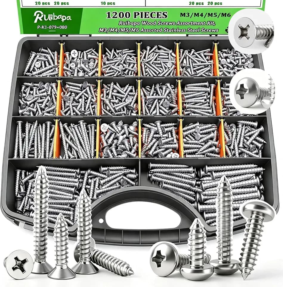 1200 PCS Stainless Steel Wood Screws Assortment Kit,Self Tapping Screws M3/M4/M5/M6 Screws Assortment Kit,1200Pcs(605pcs Round Head & 595pcs Flat Head) Sheet Metal Screws Assorted