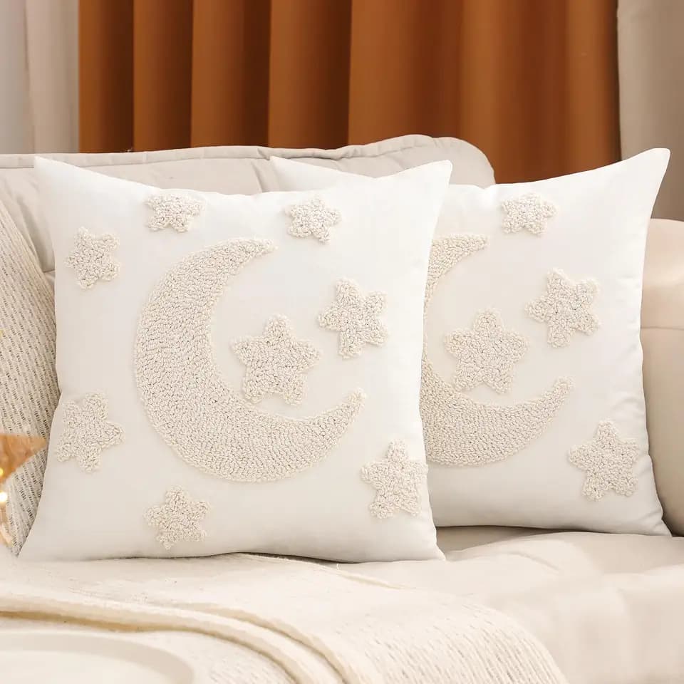 Ramadan Pillow Covers 18x18 inch Set of 2 Beige Tufted Embroidery Throw Pillow Covers Ramadan Eid Mubarak Cushion Covers Moon and Star Decorations for Home Couch Sofa Outdoor