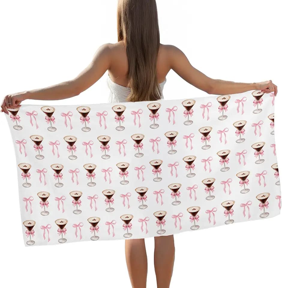 Pink Bow Espresso Martini Beach Towel, Espresso Martini Gifts for Women Girls Pool Towels, Pink Preppy Coquette Bow Large Beach Bath Travel Towels for Bathroom Swimming Camping, 30x60in