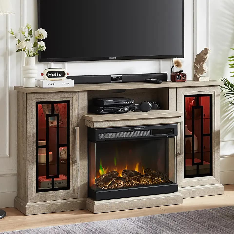 59 Inch LED TV Stand with 3-Side Glass Fireplace, Modern Media Entertainment Center Console Table for TVs up to 65 Inch with Adjustable Color, 24’’ Fireplace, Highboy, Grey Wash