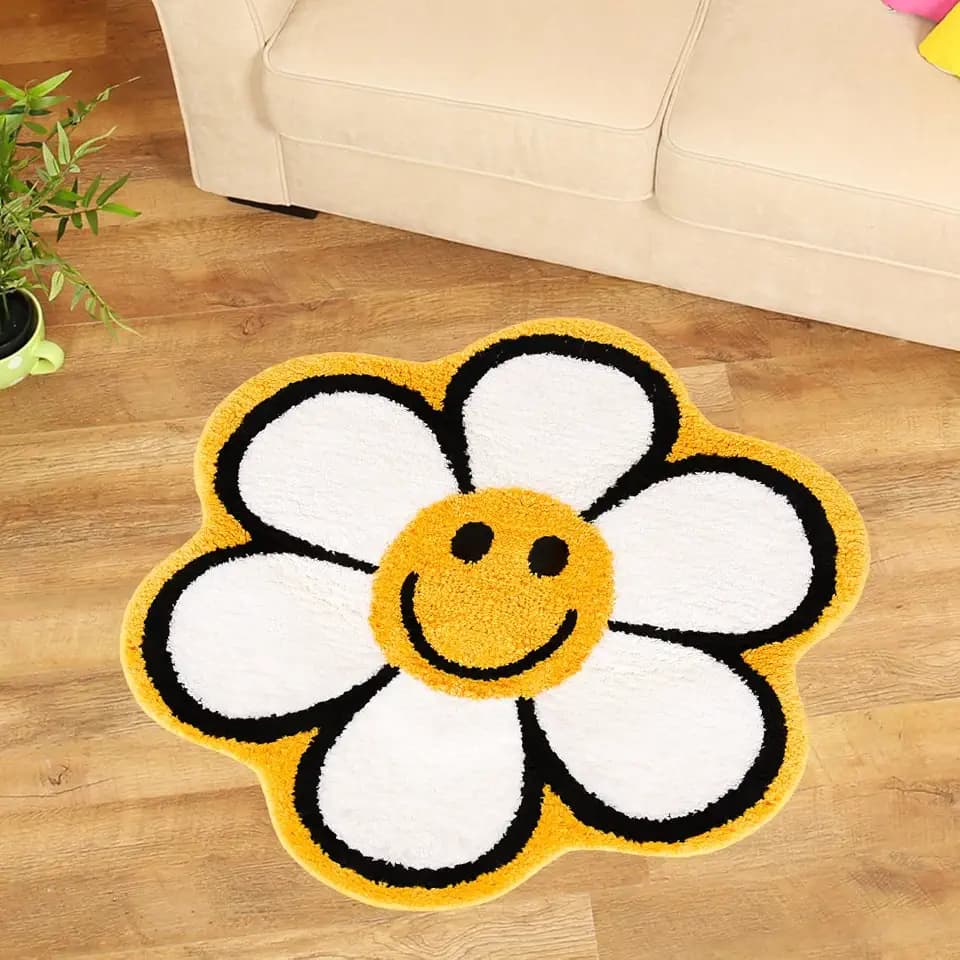 Whaline Smiling Face Bath Rug Boho Daisy Happy Face Tufted Bath Mat Cute Non Slip Absorbent Shower Carpet Floor Mat for Kitchen Bedroom Entrance Toilet Bathtub