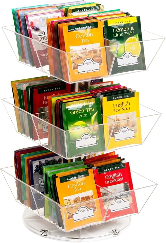 Mind Reader Tea Bag Carousel, 3 Tier Clear Acrylic Organizer with 12 Compartments, 360° Rotating Tea Station for Countertop Storage