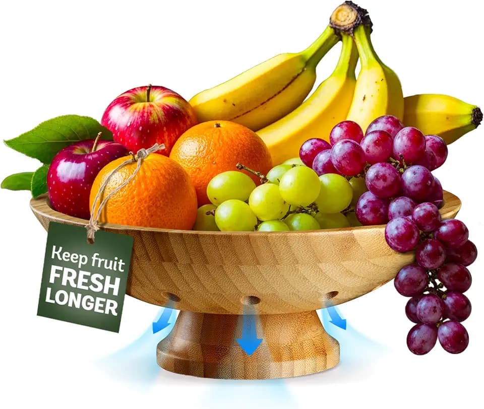 Wooden Fruit Bowl for Kitchen Counter, Bamboo Pedestal Fruit Basket, Vented