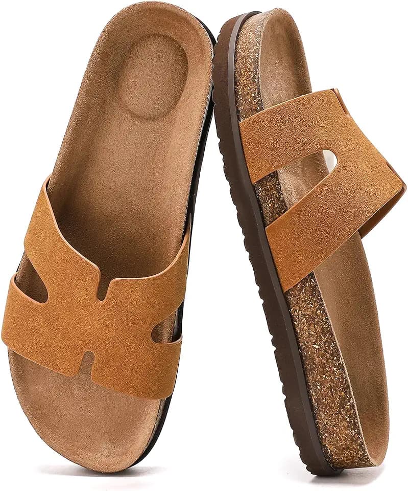 Women's Cork Footbed Slide Sandals with Arch Support,Comfortable Summer Flat Sandals for Women,Memory Foam Outdoor Slippers