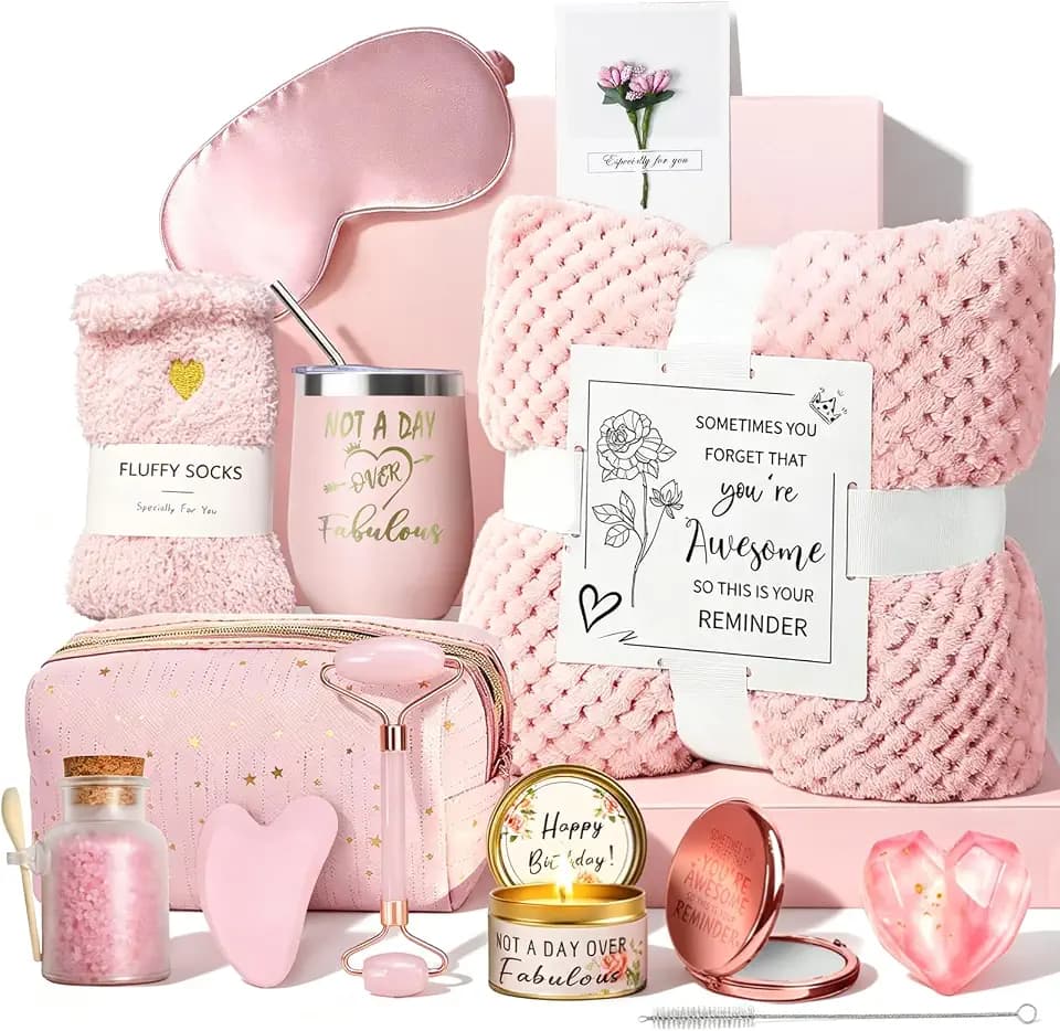 Birthday Gift for Women, Unique Pink Basket Spa Box Relaxation Gift Set