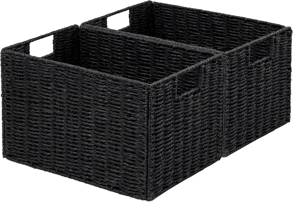 Vagusicc Wicker Storage Basket, Set of 2 Hand-Woven Paper Rope Wicker Basket, Small Storage Baskets for Organizing Toilet Paper Baskets, Foldable Large Cube Storage Organizer Bin for Shelves (Black)